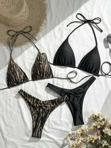 Conjunto de traje de baño de 4 piezas con cuentas marrón y a rayas, para primavera/verano 2026, conjunto de bikini de alta gama para resort de playa - Multicolor 11 - Ver 1