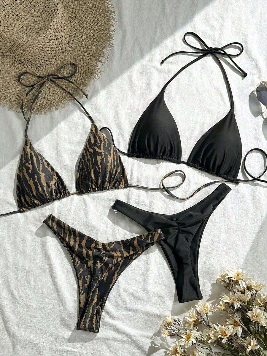 Conjunto de traje de baño de 4 piezas con cuentas marrón y a rayas, para primavera/verano 2026, conjunto de bikini de alta gama para resort de playa - Multicolor 11 - Ver 1