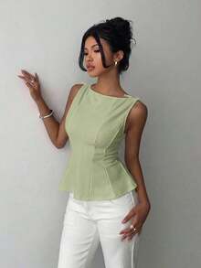 Blusa sin mangas elegante para ir al trabajo, diseño minimalista - Verde Oliva - Ver 8