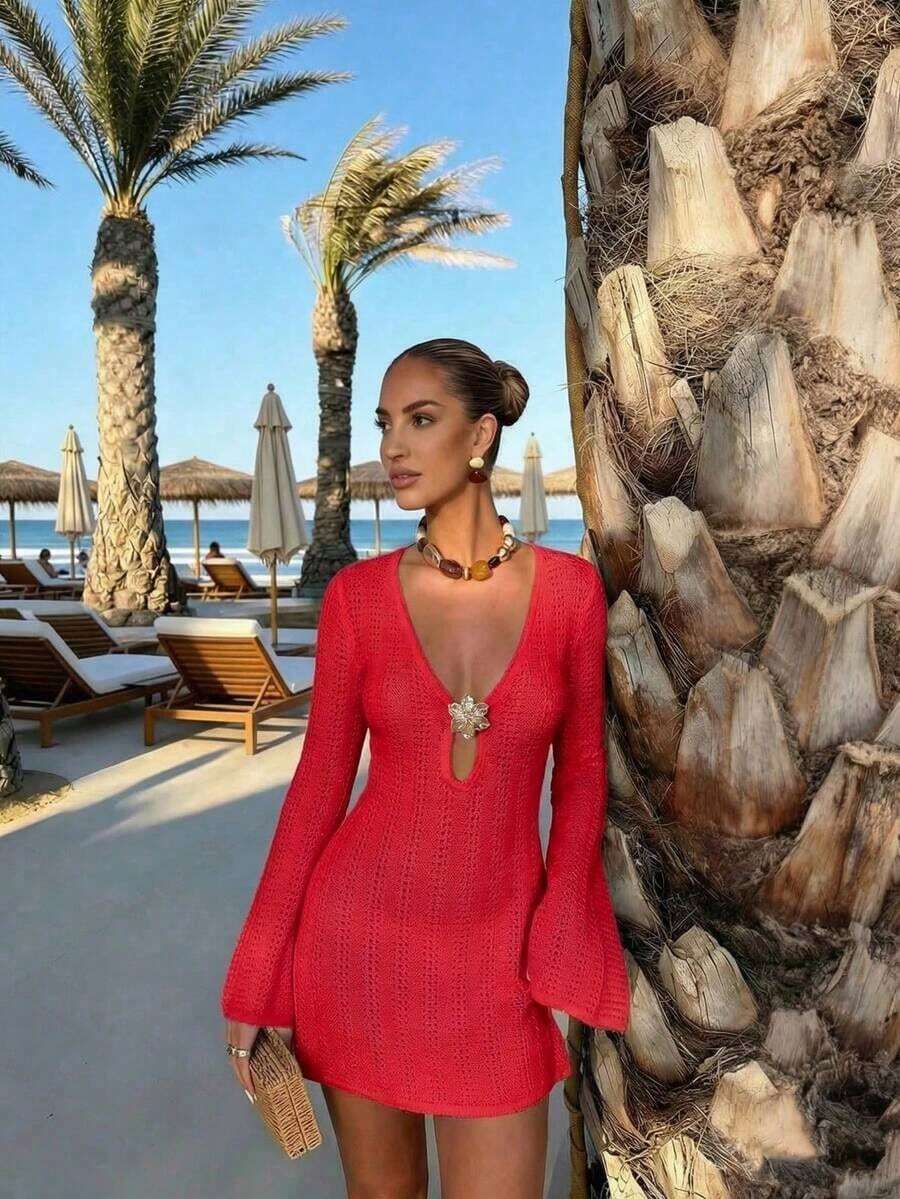 Vestido de manga larga de punto para mujer, estilo de vacaciones en la playa - Sello - Ver 1