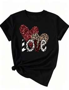 estampadas, con Prenda individual, no un conjunto de 3 piezas, 1 piezas/set de camisetas de manga suitable for streetwear, Top oversized cuello redondo daily outings, camping, concerts, hip-hop, rock, and rap events románticos de corazones, llamativas, modernas, holgadas, cuello redondo, manga corta, para uso , ideal para tí - Negro - Ver 2