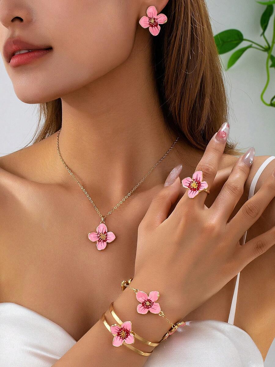 1 Set Fashionable & Sweet Floral Series Jewelry Set Including Necklace/Bracelet/Bangle/Ring/Earrings, Unique Handpainted Enamel Flower Petals, Suitable For Women's Daily Wear And Parties - Four Cornus Set - View 1