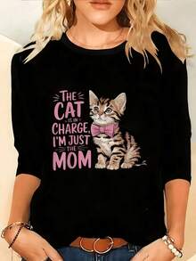 Plus Size Women's Long Sleeve T-Shirt With Cat And Paw Print - Comfortable Round Neck Blouse Suitable For Curvy Women, For Daily Wear In Spring/Autumn, Machine Washable, Casual Blouse For Women (Cat Themed Clothing). - 黑色 - 查看 8
