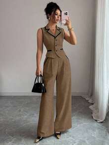 Traje de chaleco y pantalones con ribete de contraste elegante para mujer, todos los atuendos para mujer, de vuelta a la escuela, atuendos de maestra para mujer, vestido de invitada de boda elegante, casual de negocios para mujer, vestido de in - Marrón - Ver 1