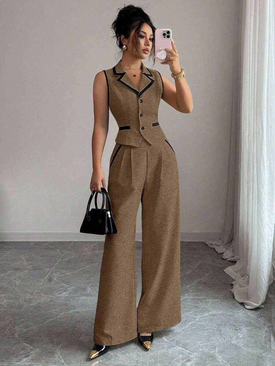 Traje de chaleco y pantalones con ribete de contraste elegante para mujer, todos los atuendos para mujer, de vuelta a la escuela, atuendos de maestra para mujer, vestido de invitada de boda elegante, casual de negocios para mujer, vestido de in - Marrón - Ver 1