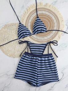 Conjunto de bikini y shorts de baño casuales para vacaciones en la playa de mujeres, 2026, 3 piezas, de tela texturizada con bloques de color y rayas, adecuado para primavera/verano, fiestas en la piscina, citas - niebla azul profunda - Ver 6
