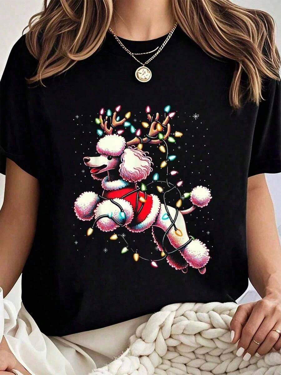 Vintage 100% Cotton T-Shirt With Poodle And Christmas Tree Lights Print, Funny And Ugly, For Women, Summer Tops For Women, Women's Warm Fashion Clothing - 黑色 - 查看 1