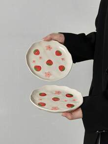 Cabin Kangaroo 1pc/2pcs/4pcs Cute Strawberry Print Ceramic Plates, Aesthetic Flower Dinner Plates, Kawaii Dessert/Snack/Salad Plates, Lovely Tableware For Home Kitchen, Perfect For Breakfast & Party - Multicolor - View 10