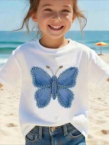Camiseta informal con estampado de dibujos animados de mariposas, estilo casual para primavera y verano, ideal para uso diario y actividades al aire libre, combina con ropa familiar - Negro - Ver 8