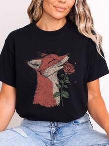 CottagE1core Fox Rose T1S1Hirt WildL1L1ife Graphic T1EE - Negro - Ver 2