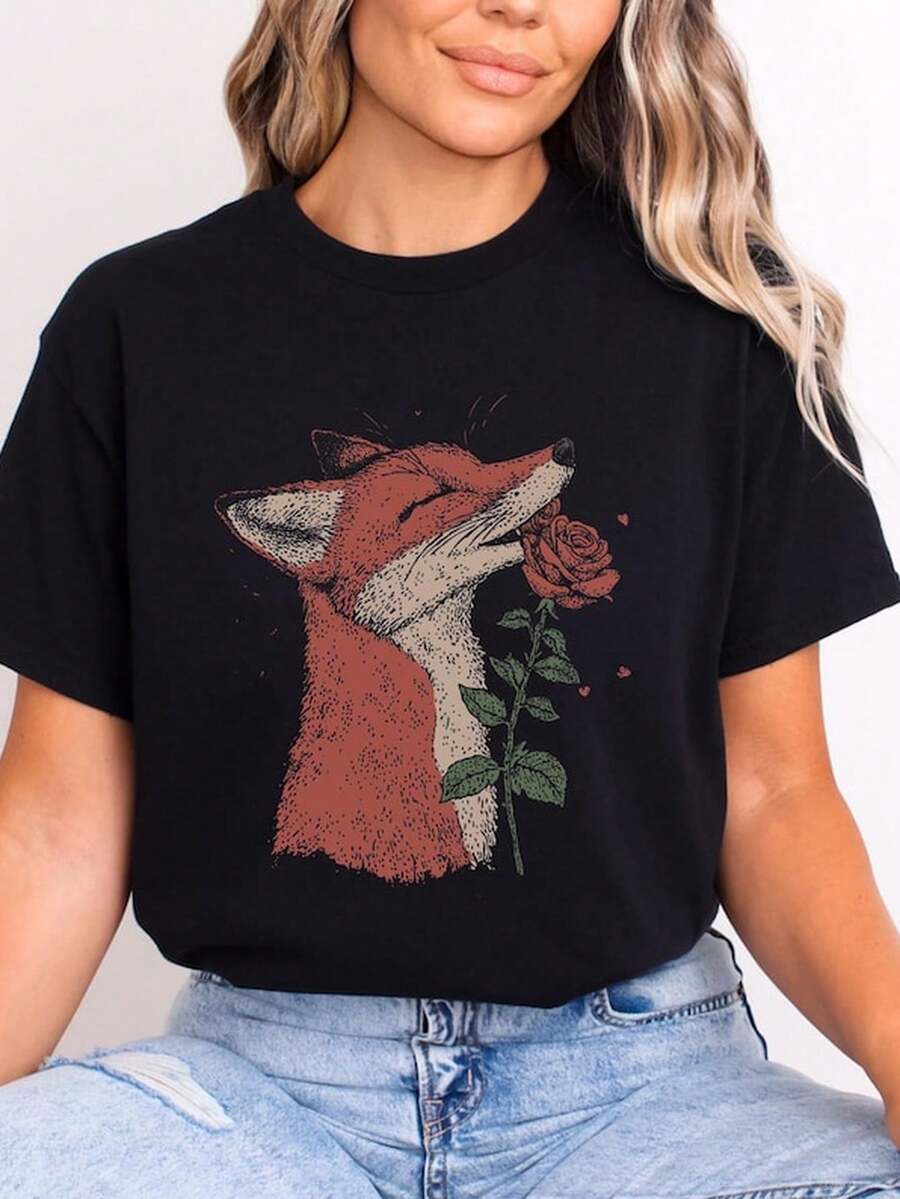 CottagE1core Fox Rose T1S1Hirt WildL1L1ife Graphic T1EE
