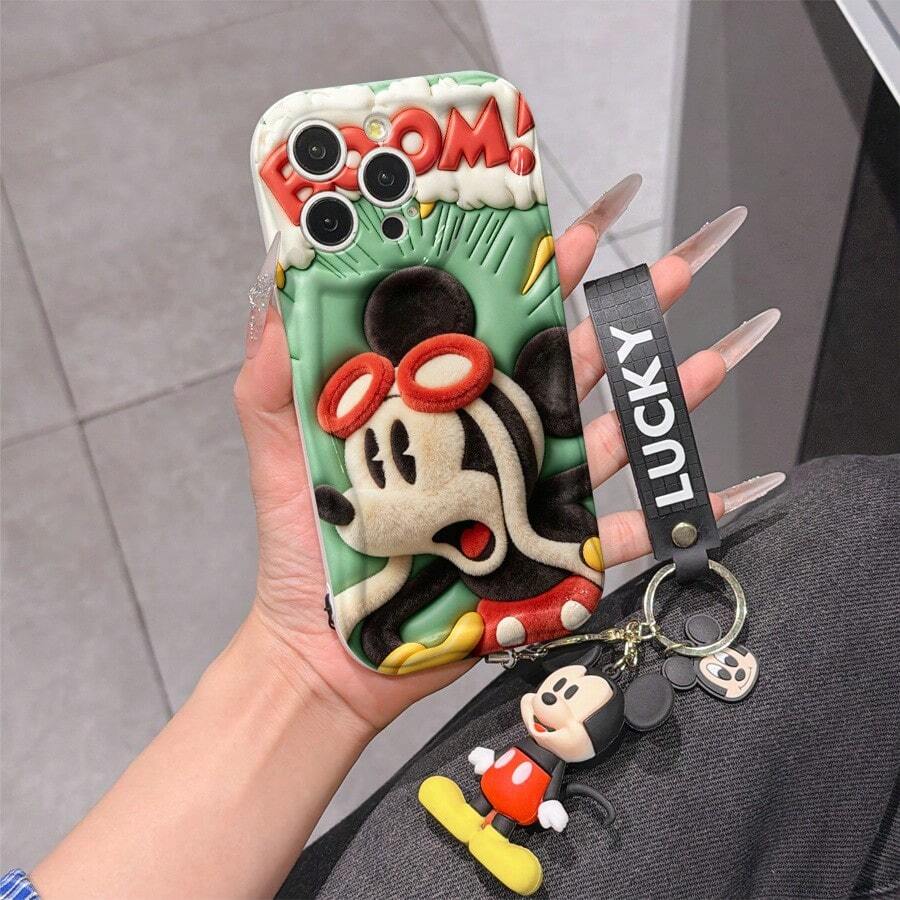 Disney Mickey Mouse Clubhouse Phone Case : 3D Fluffy Pattern Border Protector Phone Soft Phone Case With A Free Cute Mickey Bracelet Chain Lanyard, Mickey, Minnie, Goofy, Donald Duck, Daisy Duck, Pluto, For Apple 17 Promax 17 Pro 16 15 14 13 12 11 Pro Max XS Max X XR Soft Cover Summer Phone Case - 白色 - 查看 1