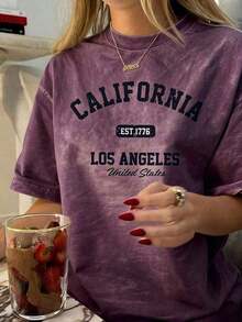 Women's Vintage Graphic T-Shirt With California Los Angeles Design - Casual Crew Neck, Short Sleeve, Cotton, Machine Washable, EST 1776 Print2025 - 紫色 - 查看 3