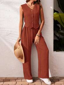 Frenchy Set de 2 piezas para mujer de top sin mangas y pantalones de estilo casual con un solo botón, para verano - Naranja Quemada - Ver 4