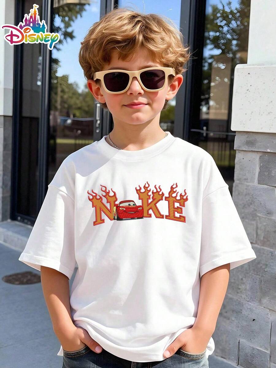 Disney Cars Flame Letter Boys' Short-Sleeve T-Shirt, Children's Summer Clothing - trắng - Xem 1