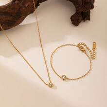 2pcs Korean Style Minimalist Single Diamond Necklace And Bracelet Set, Fashionable Versatile Elegant Jewelry - Solitaire Jewelry Set - View 8