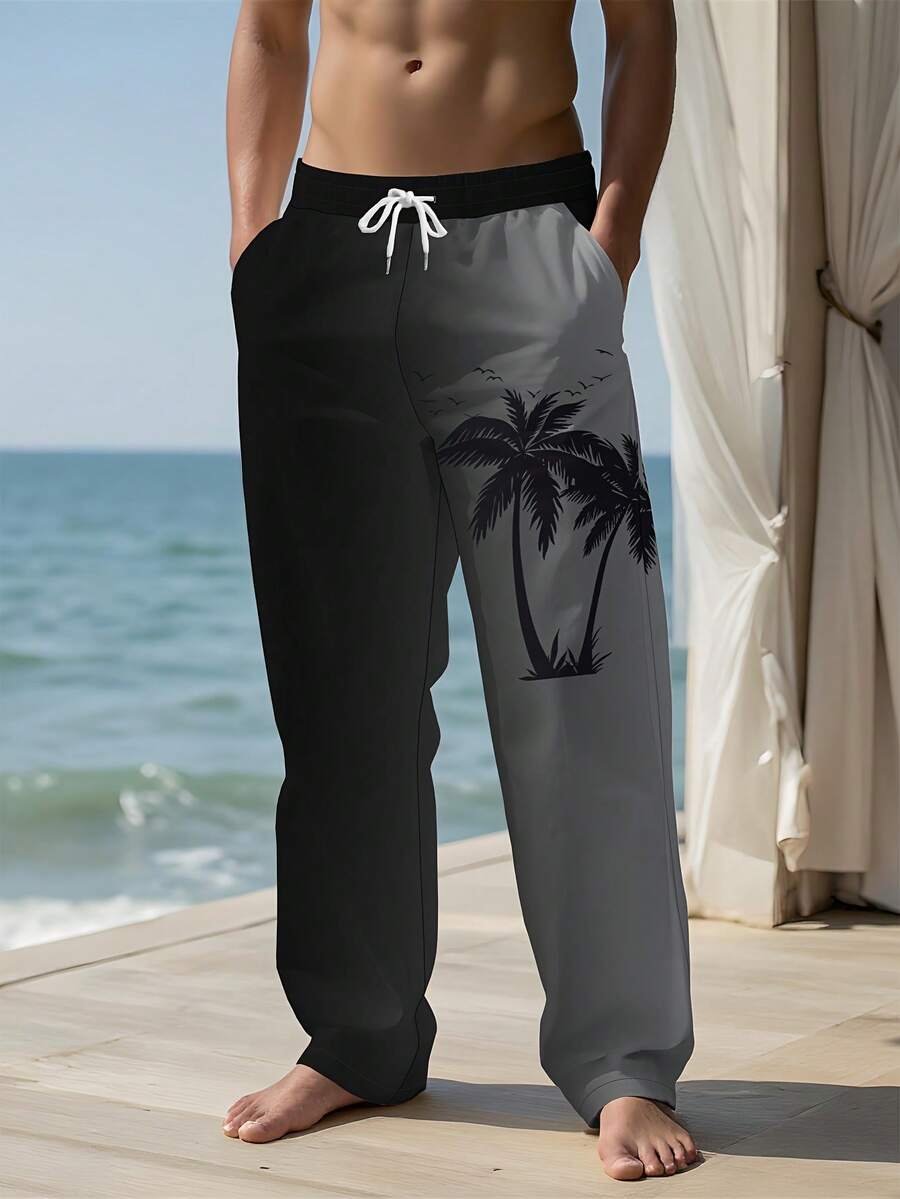 Men's Black Seagull Print Drawstring Hawaiian Vacation Casual Sweatpants - Multicolor - View 1