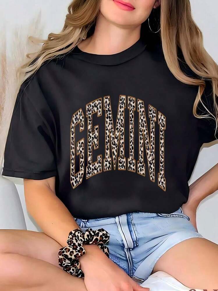Sudadera de Mujer con Estampado de Leopardo y Signo Zodiacal Géminis: Camiseta de Cuello Redondo con Signo del Zodíaco - Negro - Añade 3
