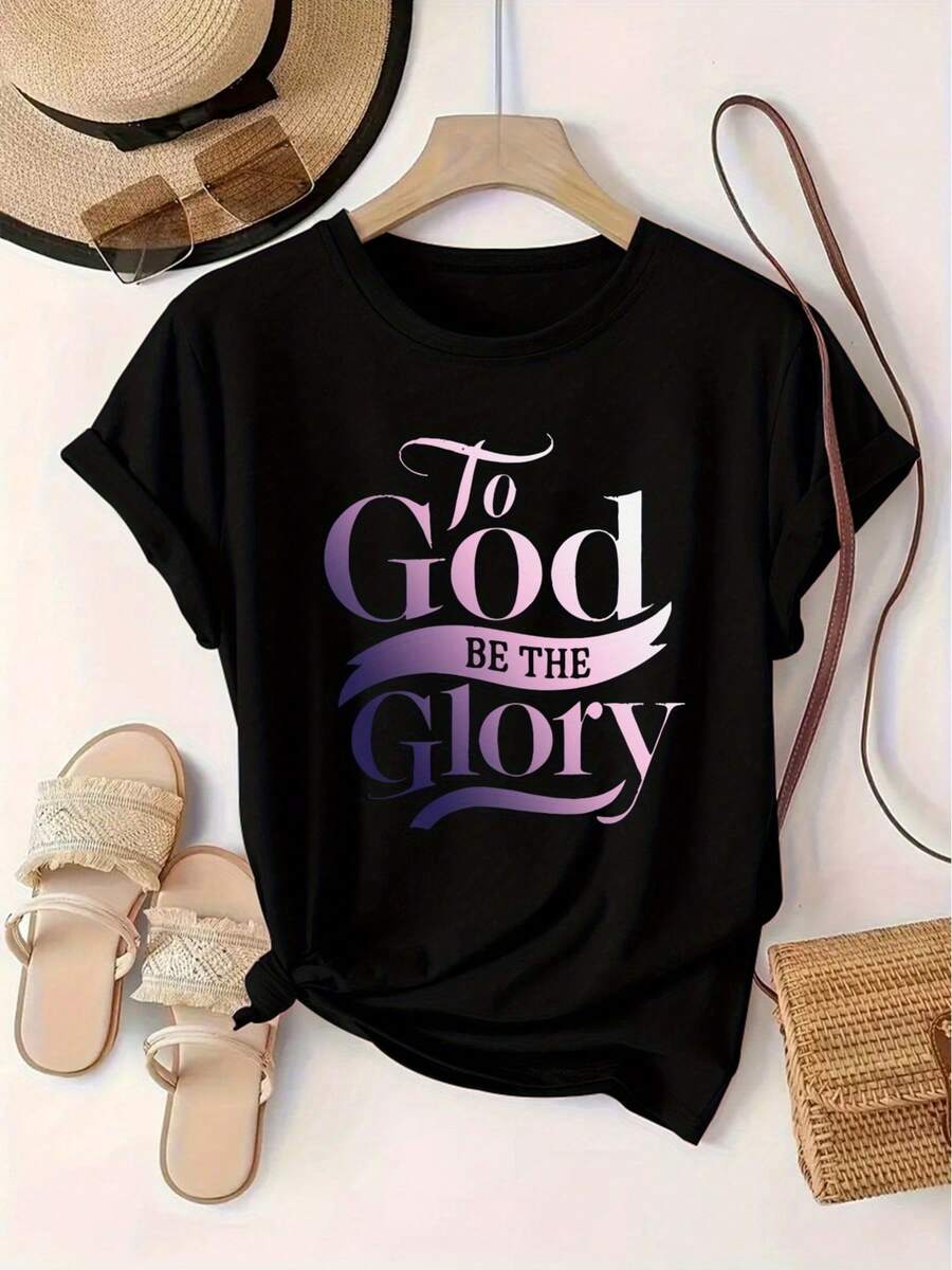 1 pieza de camiseta de manga corta con cuello redondo para mujer, estilo casual europeo y americano, talla grande, con estampado de letras, 180g, 100% algodón. - Negro - Ver 1