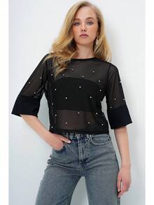 Women's Beaded Mesh Round Neck Short Sleeve Top - Black - View 7