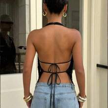 Women's Solid Color Halter Backless Sleeveless Fashionable Sexy Top For Summer,Summer Top - Negro - Ver 3