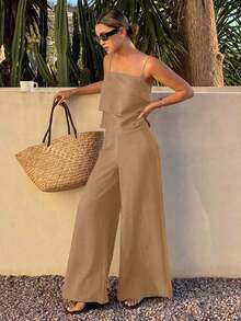Conjunto de 2 piezas de top de tirantes con volantes y pantalones sueltos casuales de verano para mujer - Caqui - Ver 1