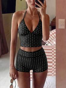 Bikini de 2 piezas con tiras de espagueti, copa triangular y shorts de cintura alta en contraste de azul y albaricoque, estilo dulce para mujer, Primavera/Verano 2026 - Blanco y Negro - Ver 6
