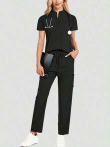 Conjunto de uniforme azul marino para mujer, hecho de tela de alta calidad y transpirable, adecuado para deportes, enfermería y trabajo, con bolsillos, perneras acampanadas, conjunto de uniforme de moda, adecuado para clínicas dentales, conjunto de unifor - Negro - Ver 12