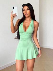 Vestido mini sexy de cuello de halter negro, ropa casual de resort, primavera/verano - Verde - Ver 3