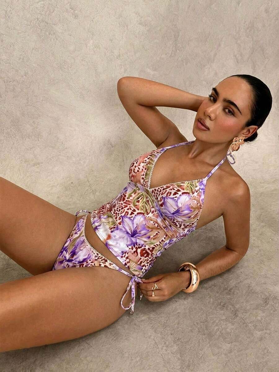 Conjunto de bikini a cuadros de cereza dulce - Marrón - Ver 1