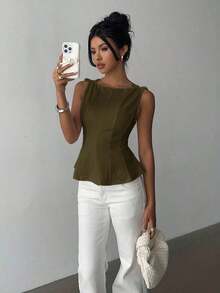sin mangas elegante para ir a la oficina, diseño minimalista, casual de negocios para mujer, ropa de oficina, salir, para maestras, blusa casual para mujer, blusa social para mujer - Verde militar - Ver 6
