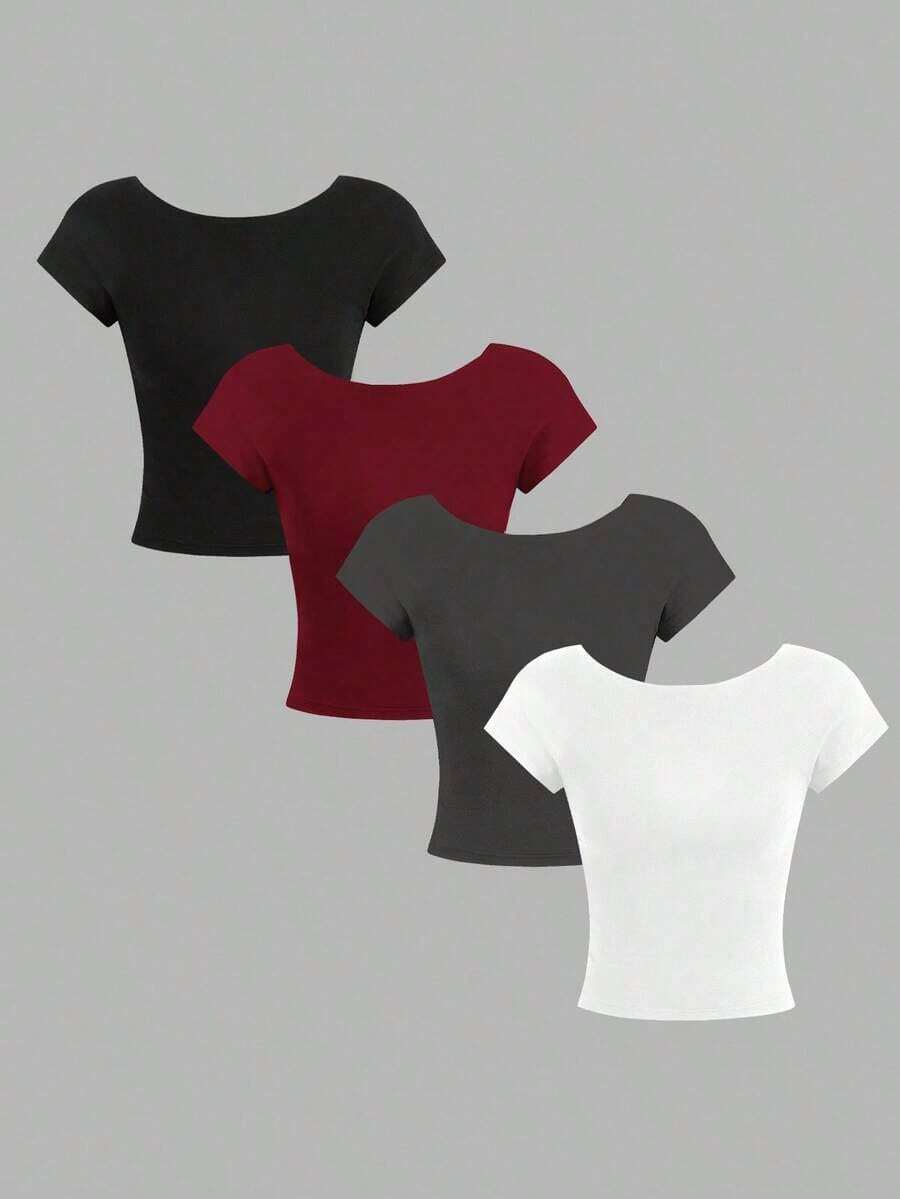 4 piezas Camisetas de mujer de unicolor casual, de cuello redondo, ajustadas y con espalda calada, adecuadas para el verano - Multicolor 3 - Ver 1