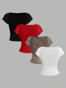 4 piezas Camisetas ajustadas de cuello redondo de unicolor con contraste, con espalda descubierta y calada, adecuadas para primavera/verano, carnaval, de manga corta, básicas, de mujer - Multicolor 4 - Ver 1