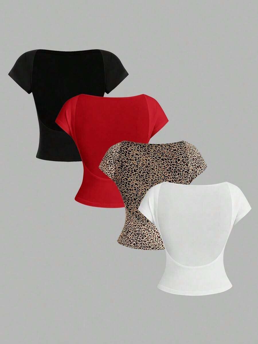 4 piezas Camisetas ajustadas de cuello redondo de unicolor con contraste, con espalda descubierta y calada, adecuadas para primavera/verano, carnaval, de manga corta, básicas, de mujer - Multicolor 4 - Ver 1
