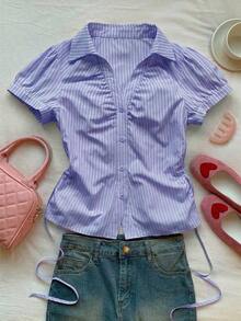 Blusa tejida blanca con estampado de rayas casual y de moda para mujer - Azul - Ver 7
