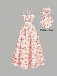 Vestido de mujer con estampado floral y cuello halter con lazo, de moda para citas y fiestas - Rosa Pálido - Ver 4