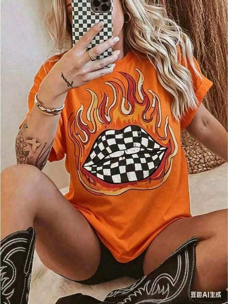 Camiseta con estampado de labios a cuadros estilo western, camiseta gráfica de gran tamaño para conciertos de country, ropa western, camiseta retro de country, camisetas gráficas divertidas para hombres y mujeres, camisetas casuales de cuello redondo y corte holgado, camisetas casuales de manga corta para hombres y mujeres 2026 - Naranja - Ver 1