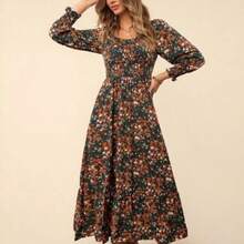 Floral Print Square Neck Flounce Sleeve Ruffle Hem Dress - Verde - Ver 1