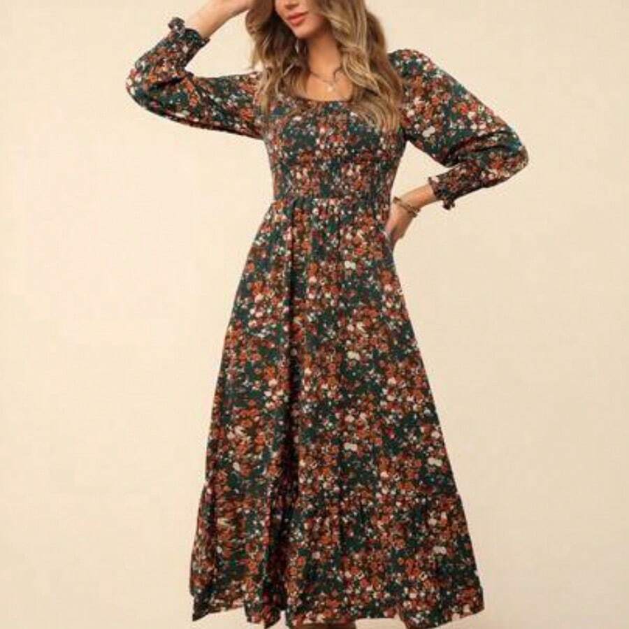 Floral Print Square Neck Flounce Sleeve Ruffle Hem Dress - Verde - Ver 1
