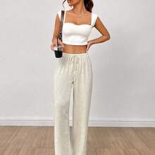 PETITE Solid Drawstring Waist Wide Leg Pants - Negro - Ver 7