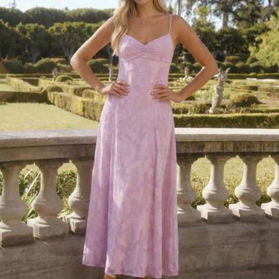 Spring/Summer Romantic Women's Pastel Purple Jacquard Pleated Backless Strap Maxi Dress,Sweet&Elegant For Vacation&Date&Holiday&Party&Graduation&Wedding Guest&Beach,Prom Dress,Summer Dresses For Women,Sun Dresses For Women,Summer Clothes - Rosa - Ver 1