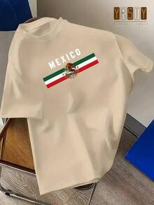 Camiseta con la Bandera de México, Emblema Nacional y Diseño de Águila/Cactus/Serpiente |   Camiseta de manga corta informal de verano, corte holgado, cuello redondo, lavable a máquina, perfecta para uso diario y eventos temáticos. - Albaricoque - Ver 1