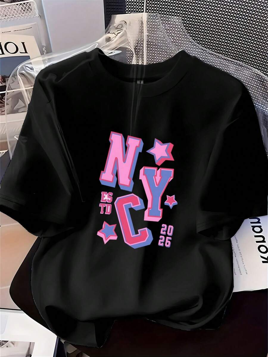 [Meiling Direct]Women's Short-Sleeved T-Shirt With Pink And Blue Alphabet Print And Star Design, Loose And Simple Fit, Comfortable And Breathable Fabric, Versatile Casual Style, Ideal For Everyday Wear And Urban Style, It Is A Fashionable Summer T-Shirt For Street And Everyday Life, As Well As An Ideal Choice For The Beach And Summer. - 黑色 - 查看 1