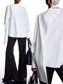 2026 Nueva camisa de manga larga de unicolor de estilo callejero minimalista para mujer, primavera/verano, negro - Blanco - Ver 7