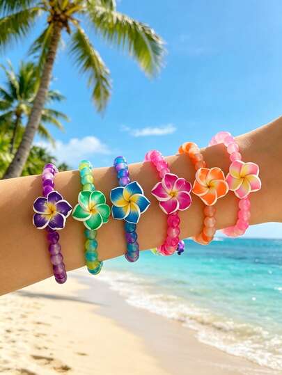 Bộ 6 vòng tay kiểu Hawaii hình hoa dâm bụt, vòng tay phong cách Boho bãi biển, vòng tay ngọc trai giả hình ngôi sao có thể điều chỉnh với mặt dây chuyền hình hoa, thích hợp làm quà tặng, phụ kiện hàng ngày cho nữ, trang sức bãi biển phong cách Bohemian thủ công, quà tặng tiệc tùng, quà sinh nhật, quà Ngày của Mẹ, quà tốt nghiệp, quà cưới, phụ kiện tiệc độc thân.