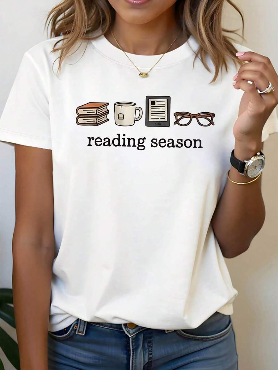 Camiseta de mujer de puro algodón "Temporada de Lectura" con estampado de libro y taza de té, perfecta para visitas a librerías y salidas informales, con un estilo literario y relajado, mangas cortas, ideal para uso diario y salidas. - Blanco - Ver 1