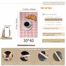 1pc Canvas Print Wall Art With Frame. Pink Plaid Coffee And Croissant Painting, Vintage French Breakfast Poster, Aesthetic Kitchen And Cafe Decor. A Charming Soft-Toned Food Themed Painting, Ideal For Restaurants And Cafes - Multicolor - View 14