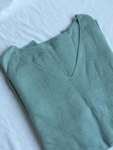 1pc V-Neck Knit Top, Front Short Back Long Hem With Slit, Suitable For Spring, Autumn, Winter Fall - Mint Green - View 7