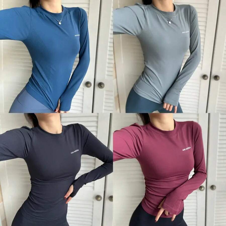 Camiseta Deportiva de Manga Larga con Cuello Redondo para Mujer, Suave como la Mantequilla, de Secado Rápido, para Yoga, Running y Entrenamientos en el Gimnasio - Rojo - Ver 1