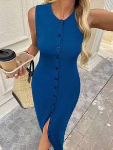 Vestido ajustado a rayas blancas y negras con abertura frontal, informal, para negocios y resorts, lindo vestido de verano, adecuado para las temporadas de primavera, verano, otoño e invierno, ropa informal de negocios para la vuelta al cole, atuendos para salir, ropa para la vuelta al cole, atuendos para maestras, vestido color crema, vestido elegante de playa largo para mujer. - Azul - Ver 1